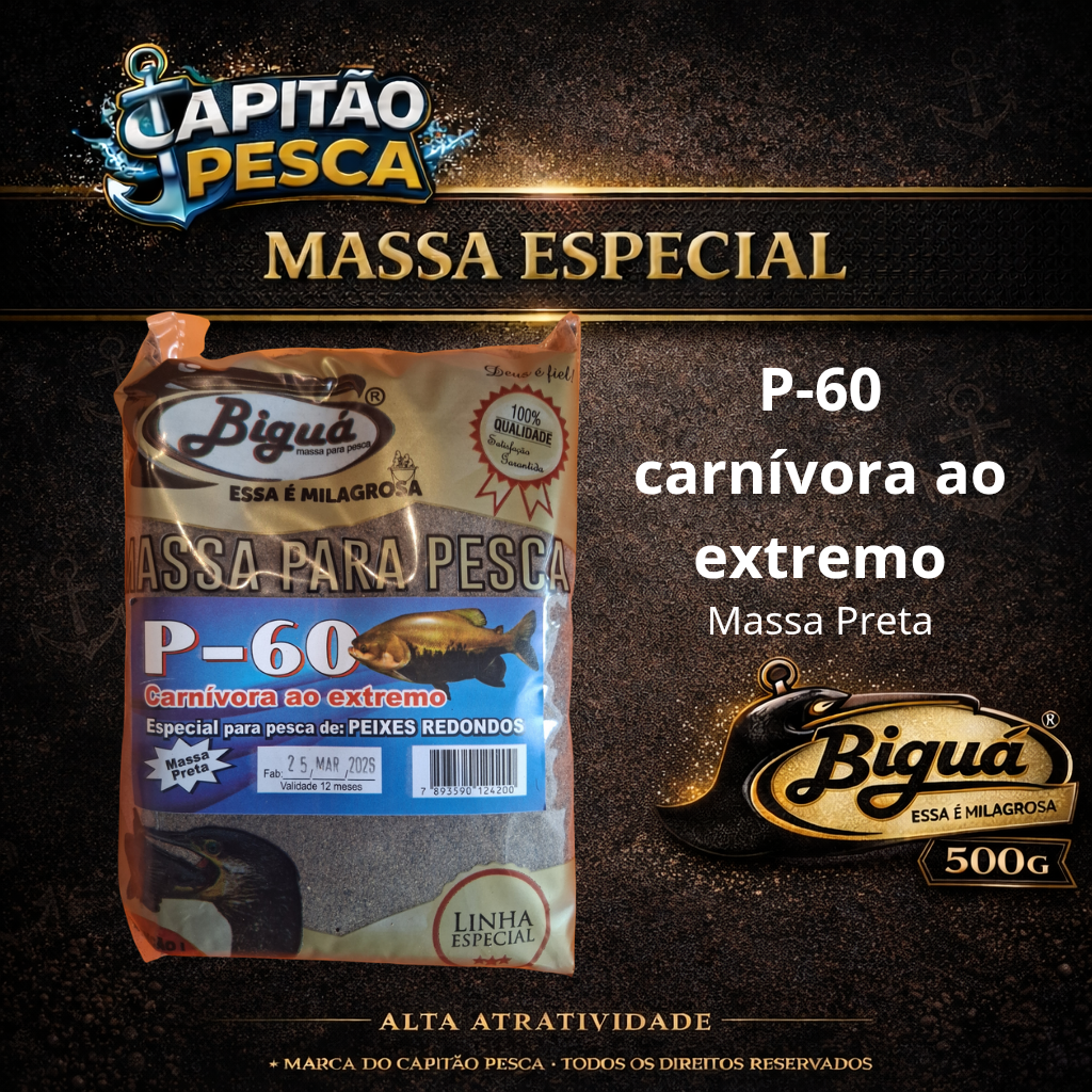 Massa para Pesca - Sabor P-60 Carnívora ao Extremo - Massa Preta - Biguá Especial - 500 gramas