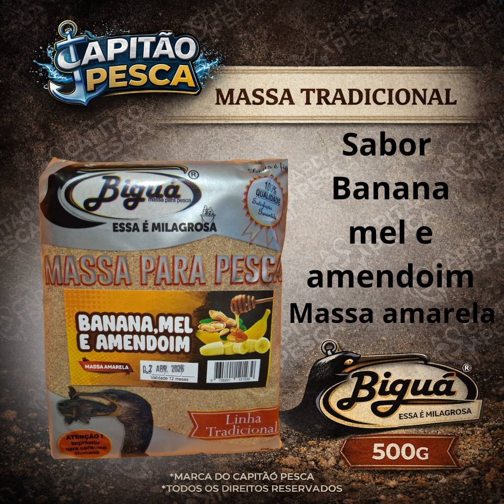 Massa para Pesca - Sabor Banana, Mel e Amendoím - Massa Amarela - Biguá Tradicional - 500 gramas