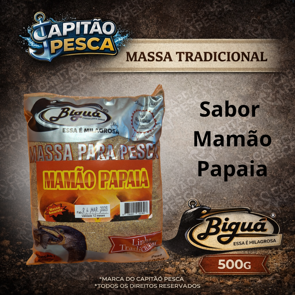 Massa para Pesca - Sabor Mamão Papaia - Massa Amarela - Biguá Tradicional - 500 gramas