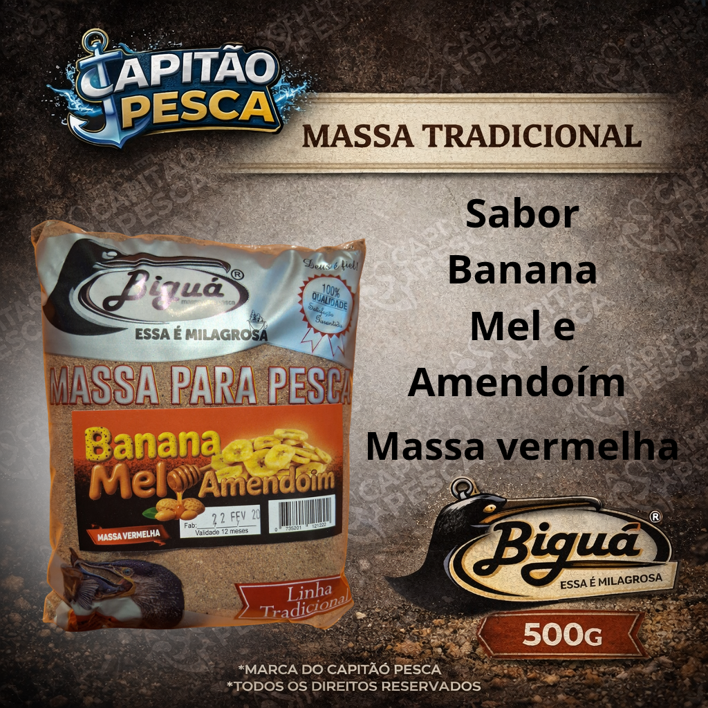 Massa para Pesca - Sabor Banana, Mel e Amendoím - Massa Vermelha - Biguá Tradicional - 500 gramas