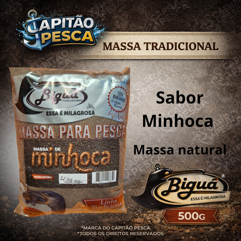 Massa para Pesca - Sabor Minhoca - Massa Natural - Biguá Tradicional - 500 gramas