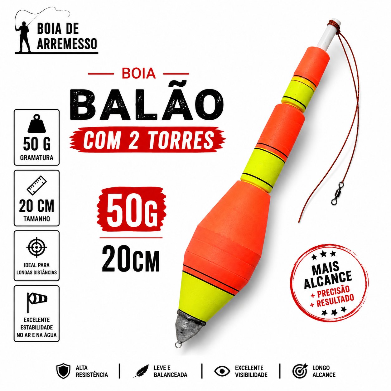 Boia de Arremesso Torpedo Balão com Duas Torres - 50g - 20cm