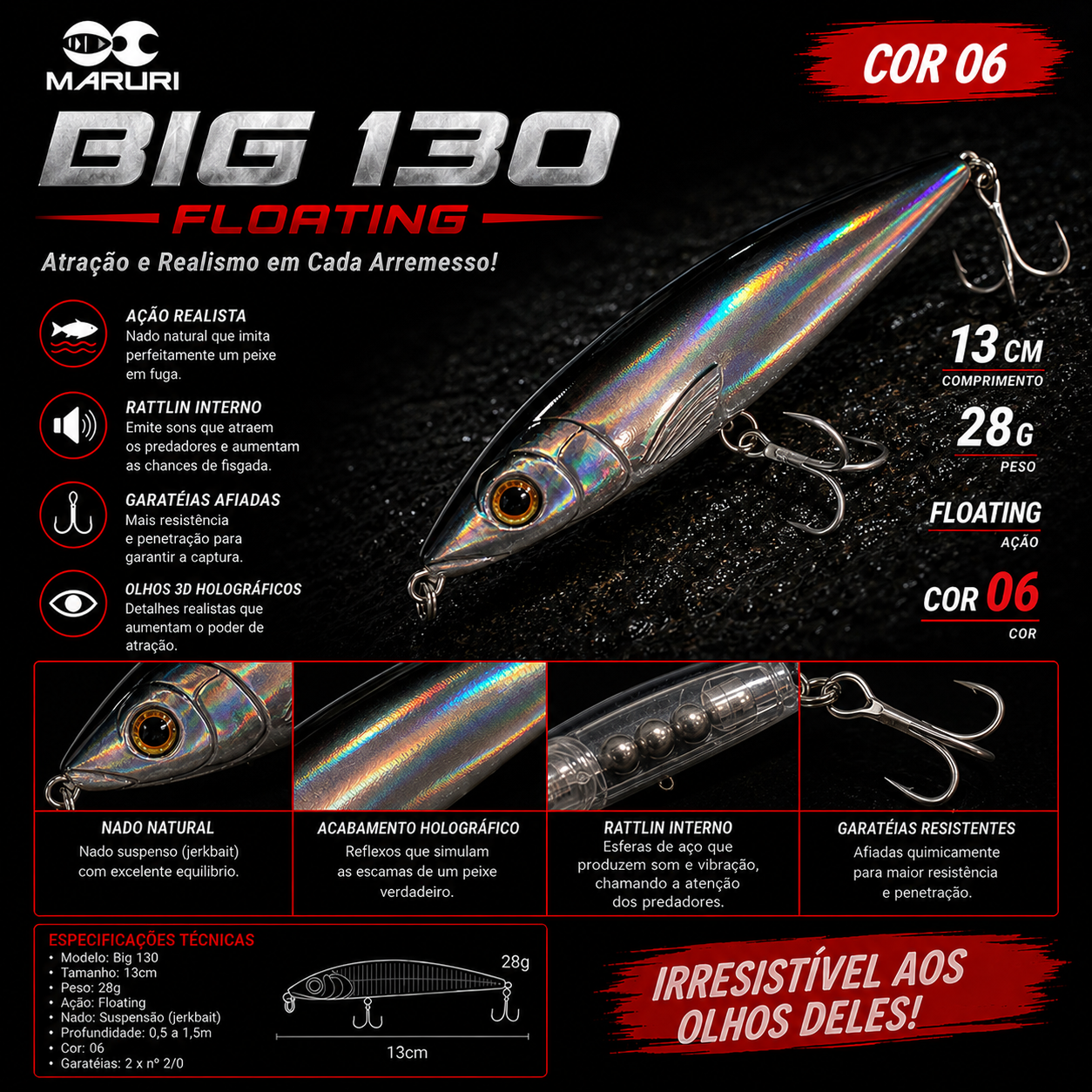 Isca Artificial Big 130 - Maruri - 28g - 13 cm - Ação Superfície - Cor 06