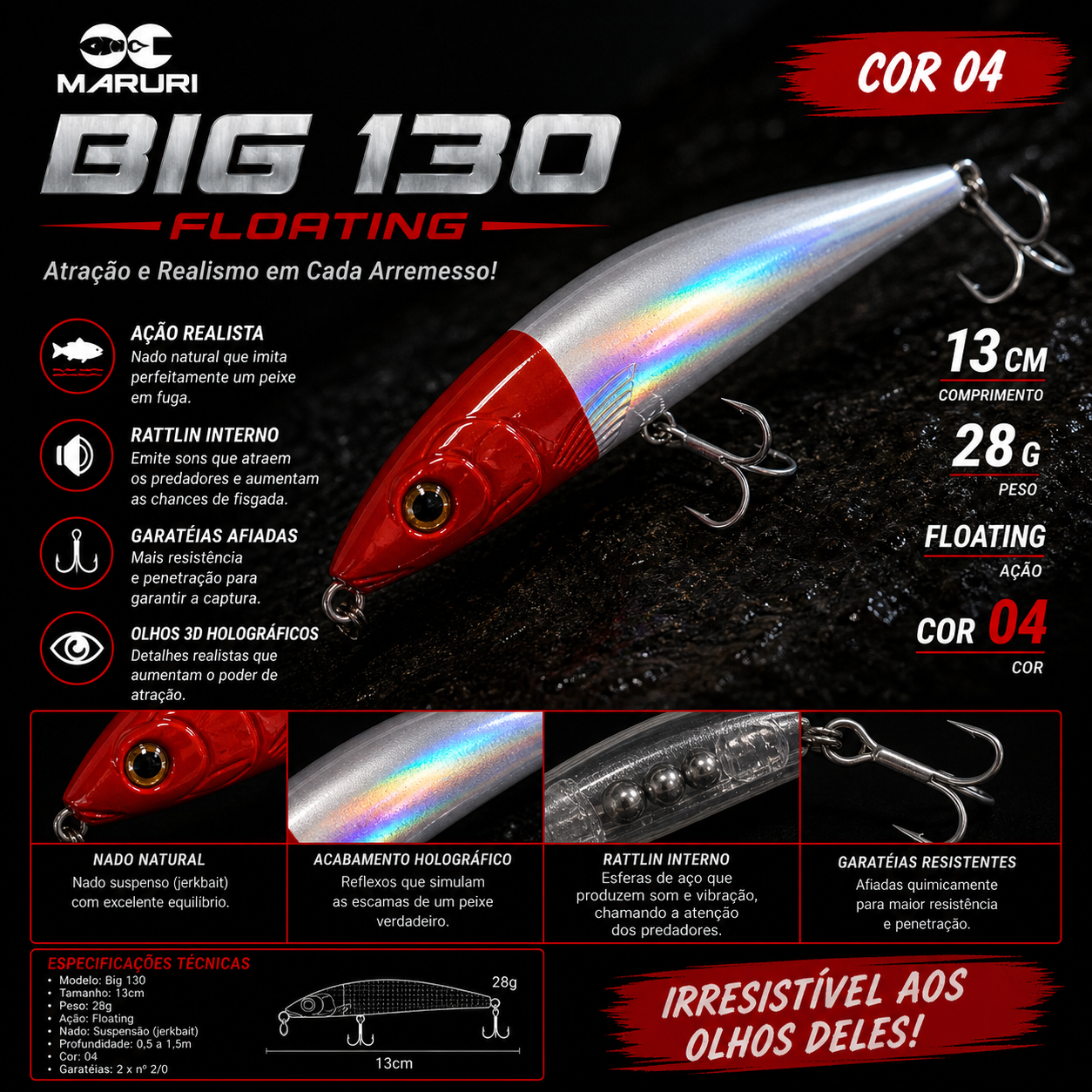 Isca Artificial Big 130 - Maruri - 28g - 13 cm - Ação Superfície - Cor 04