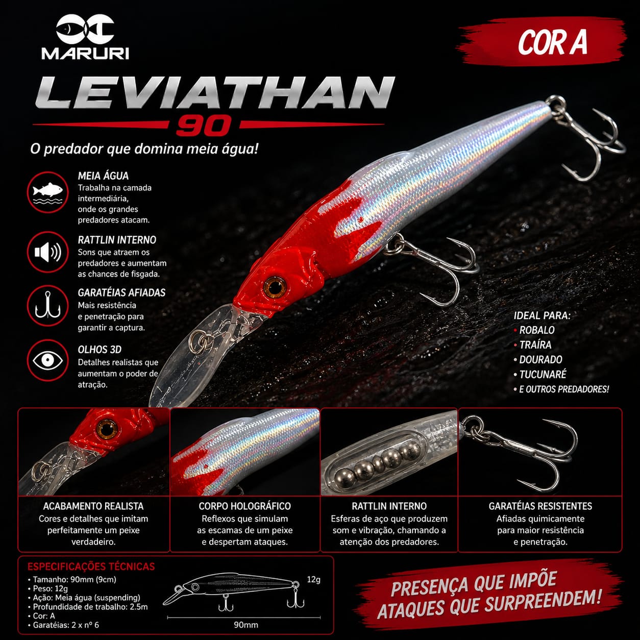Isca Artificial Leviathan 90 - Maruri - 12g - 9 cm - Ação Meia Água - Cor A