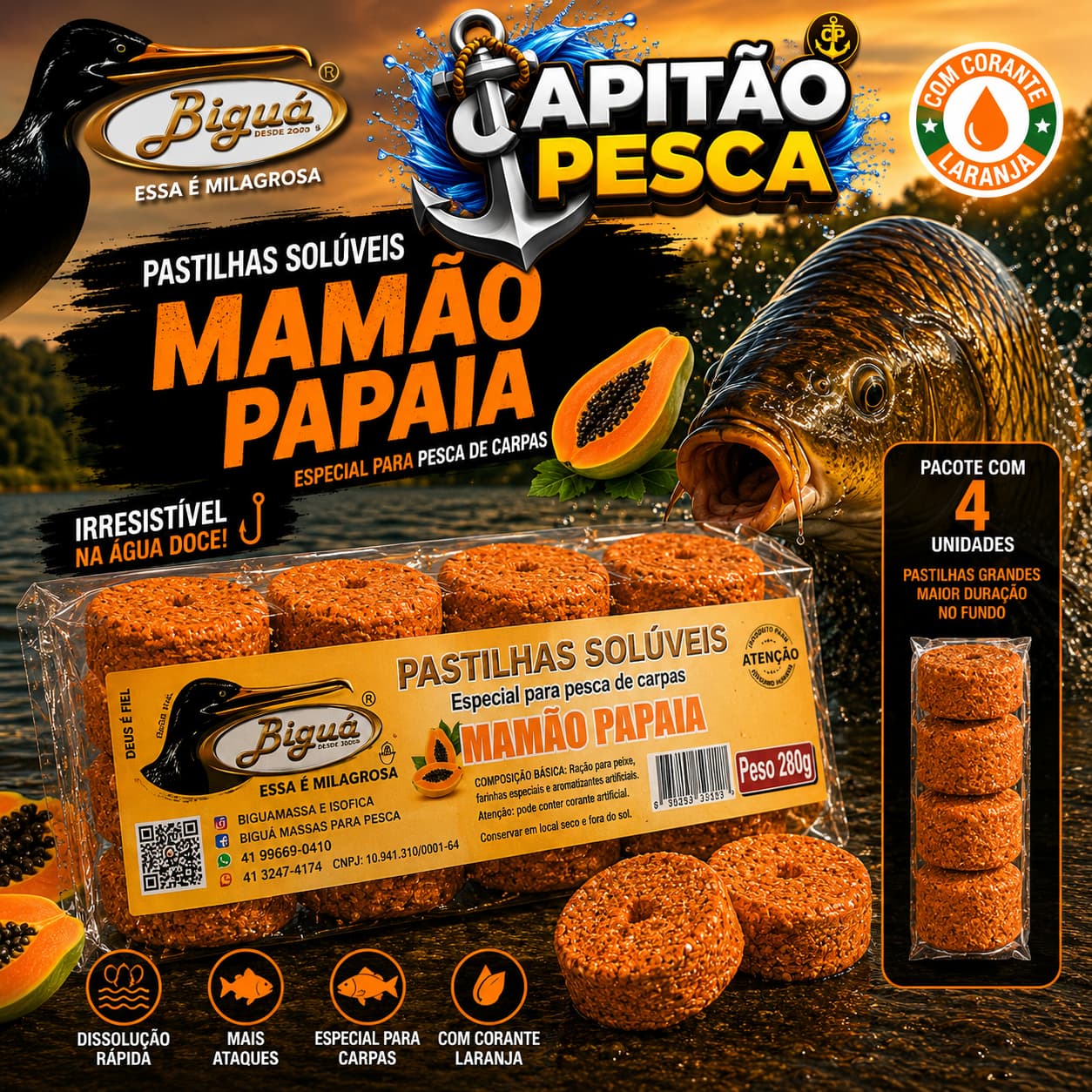 Pastilhas Solúveis - Biguá - 280g - Mamão Papaia com Corante Laranjado