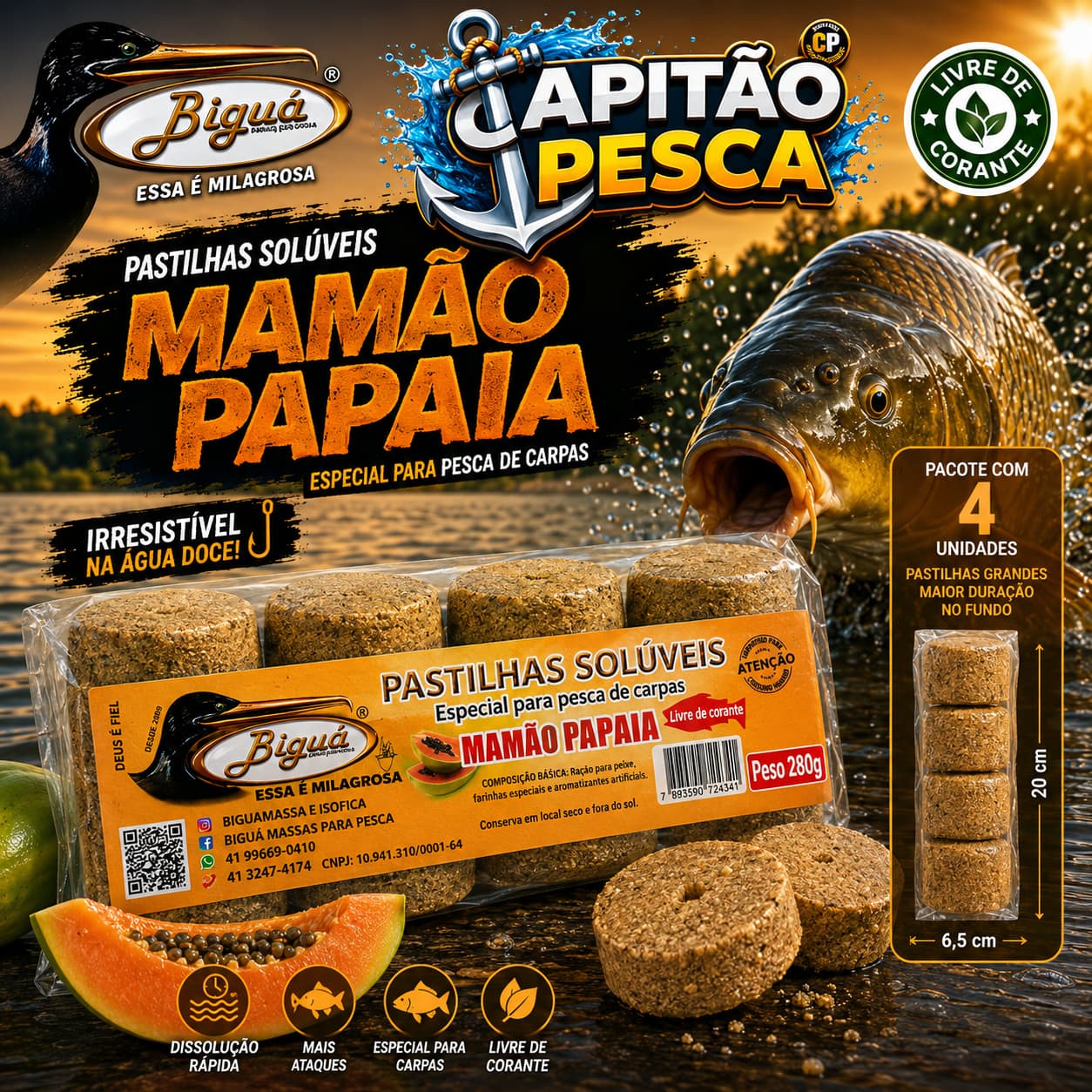Pastilhas Solúveis - Biguá - 280g - Mamão Papaia - Livre de Corante