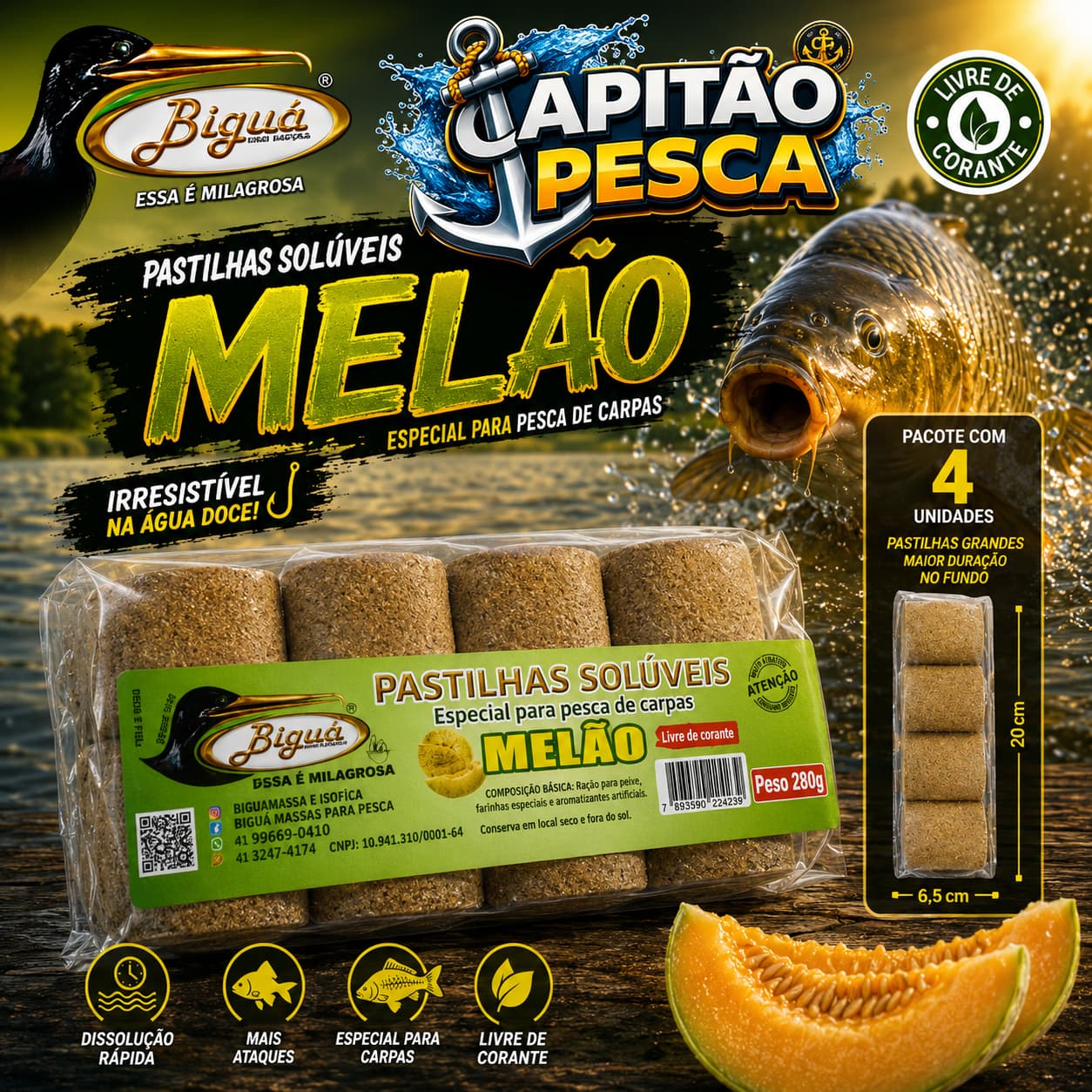Pastilhas Solúveis - Biguá - 280g - Melão - Livre de Corante