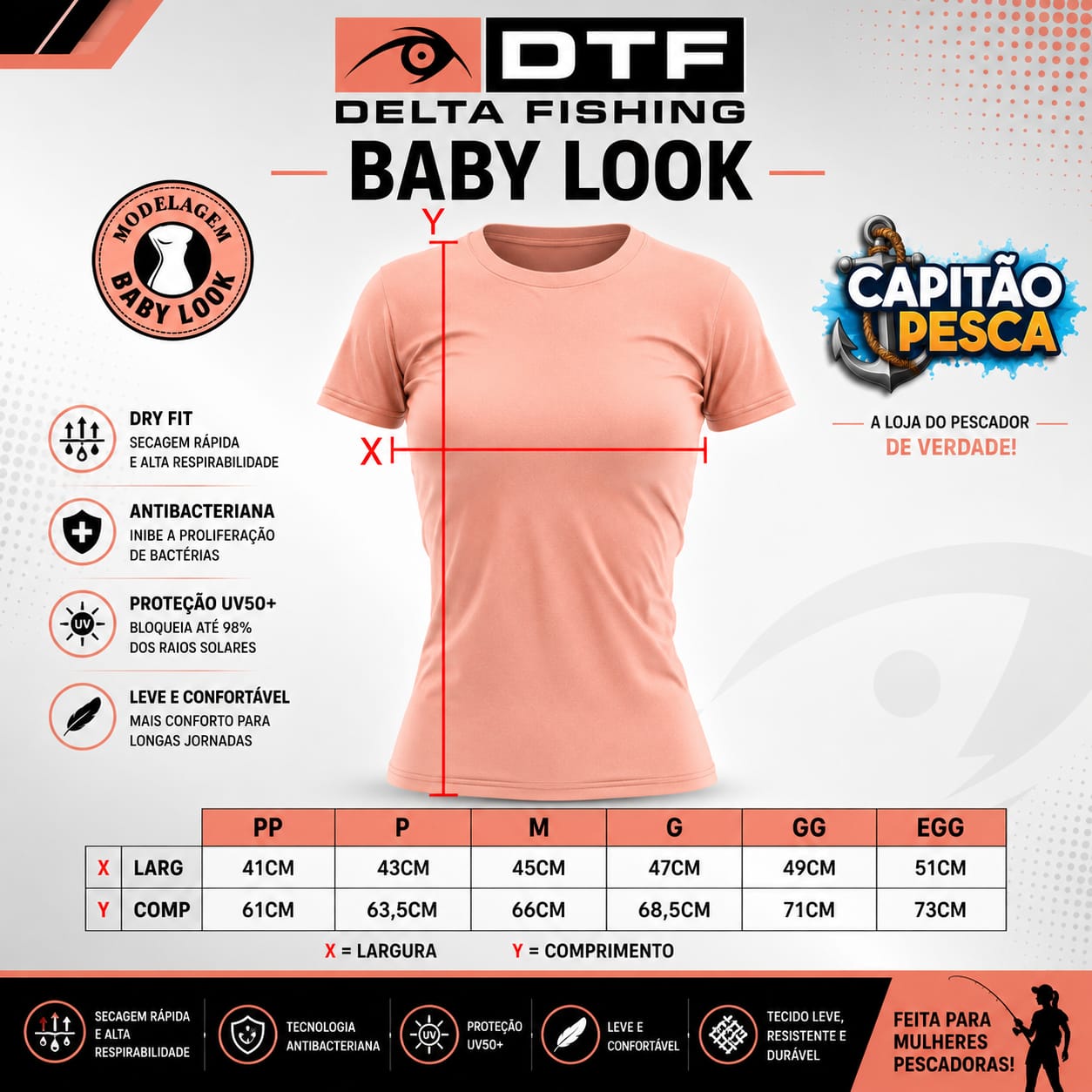 Camisa de Pesca Delta Fishing - DTS 009 com Zíper - Baby Look - Dry - 100% Poliéster - EGG - Imagem 2