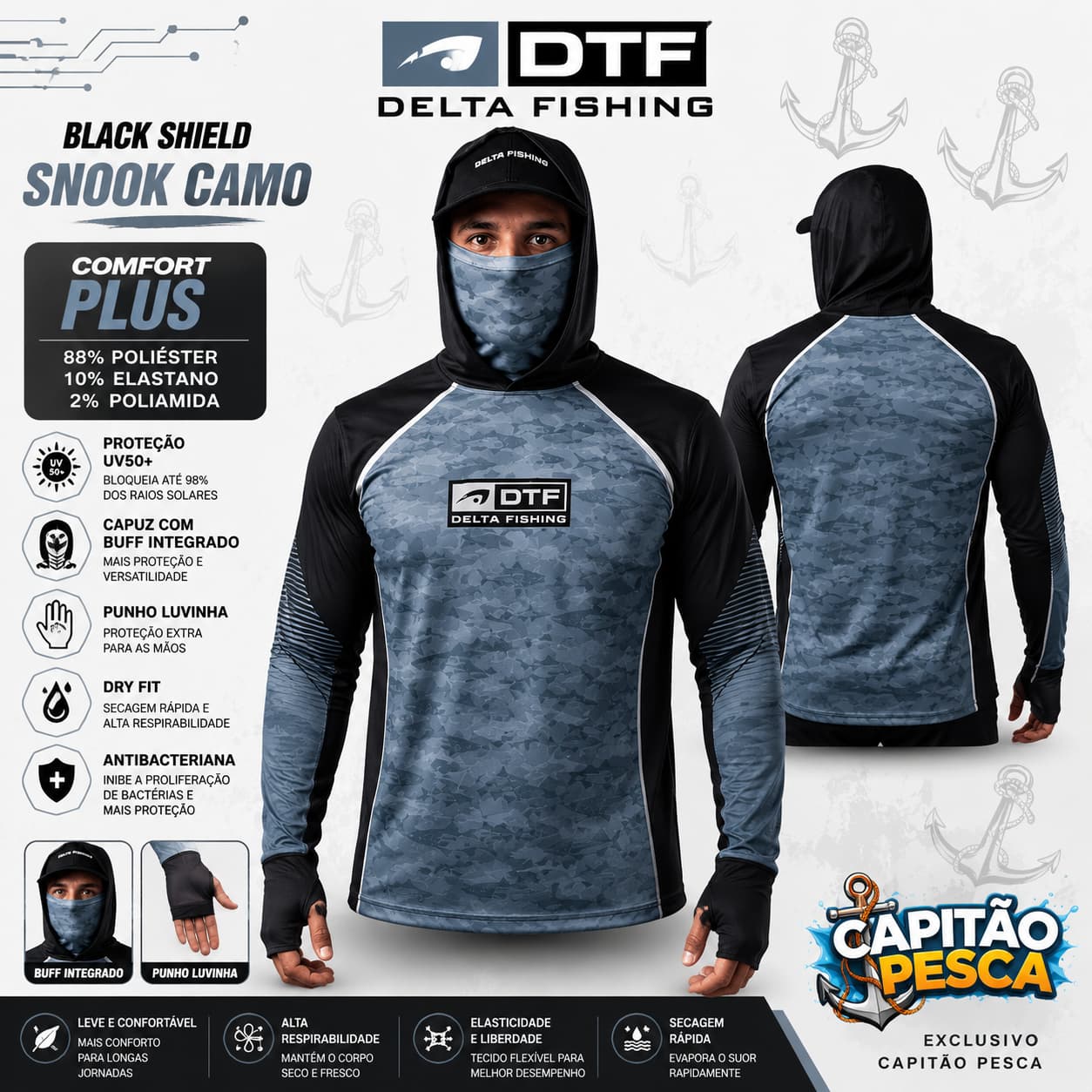 Camisa de Pesca Delta Fishing - Black Shield Snook Camo - Confort Plus - EGG