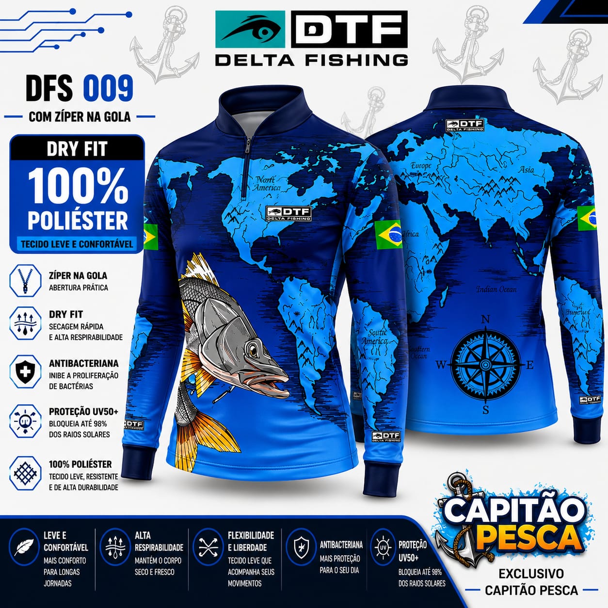 Camisa de Pesca Delta Fishing - DFS 009 com Zíper - Dry - 100% Poliéster - EGG