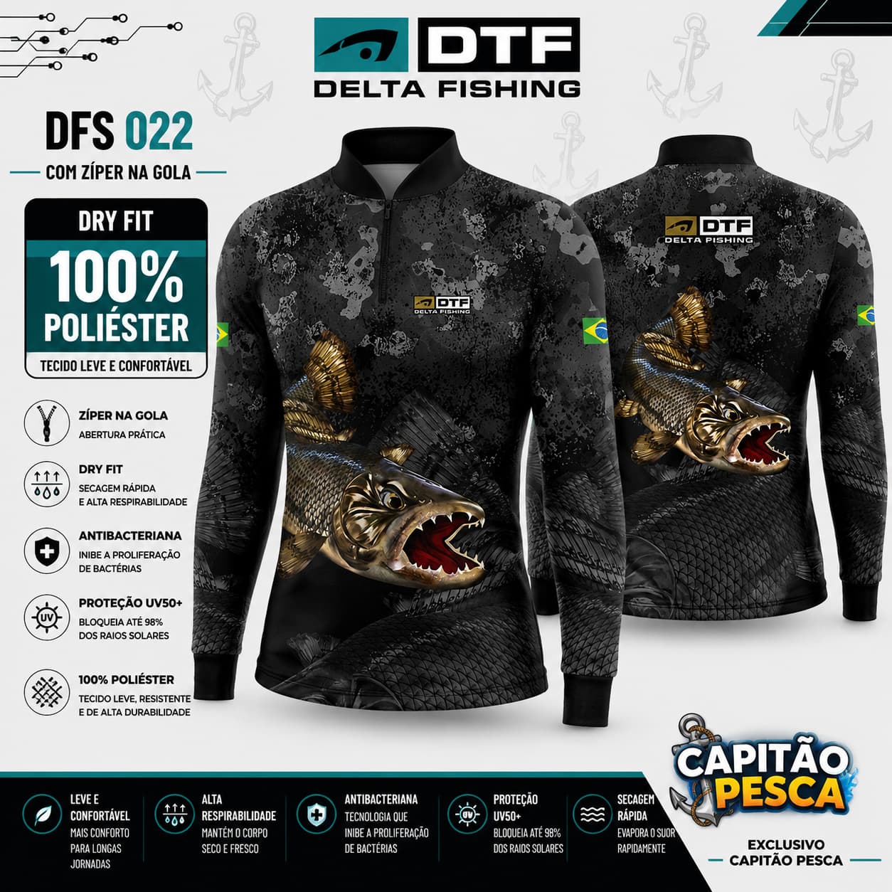 Camisa de Pesca Delta Fishing - DFS 022 com Zíper - Dry - 100% Poliéster - EGG