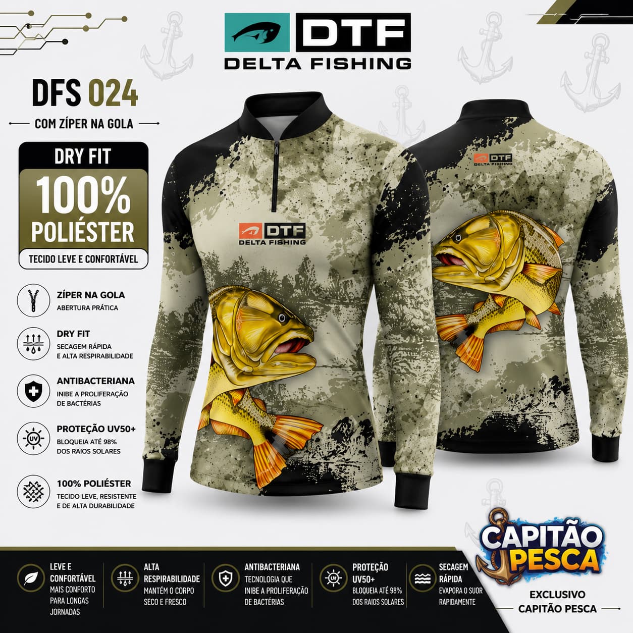 Camisa de Pesca Delta Fishing - DFS 024 com Zíper - Dry - 100% Poliéster - G