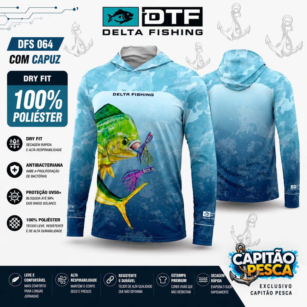 Camisa de Pesca Delta Fishing - DFS 064 com Capuz - Dry - 100% Poliéster - G