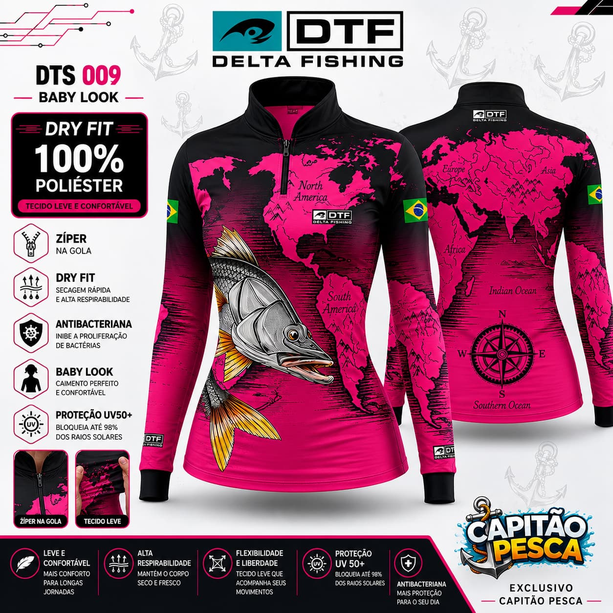 Camisa de Pesca Delta Fishing - DTS 009 com Zíper - Baby Look - Dry - 100% Poliéster - EGG