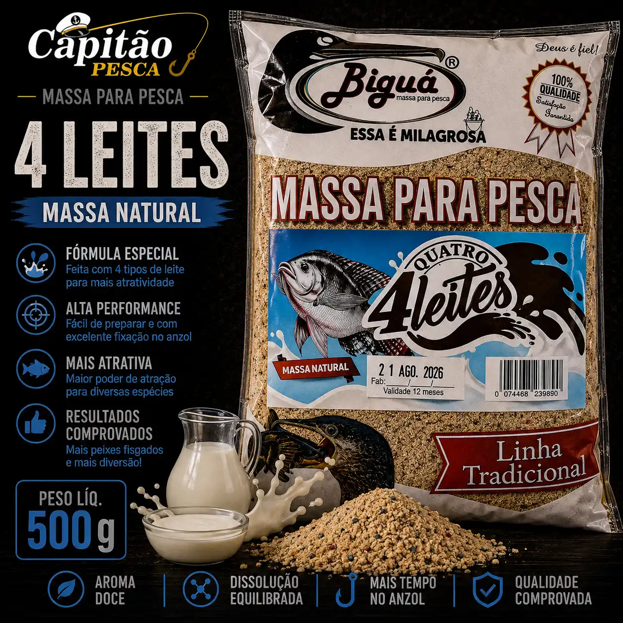Massa para Pesca - Sabor Quatro Leites - Massa Natural - Biguá Tradicional - 500 gramas