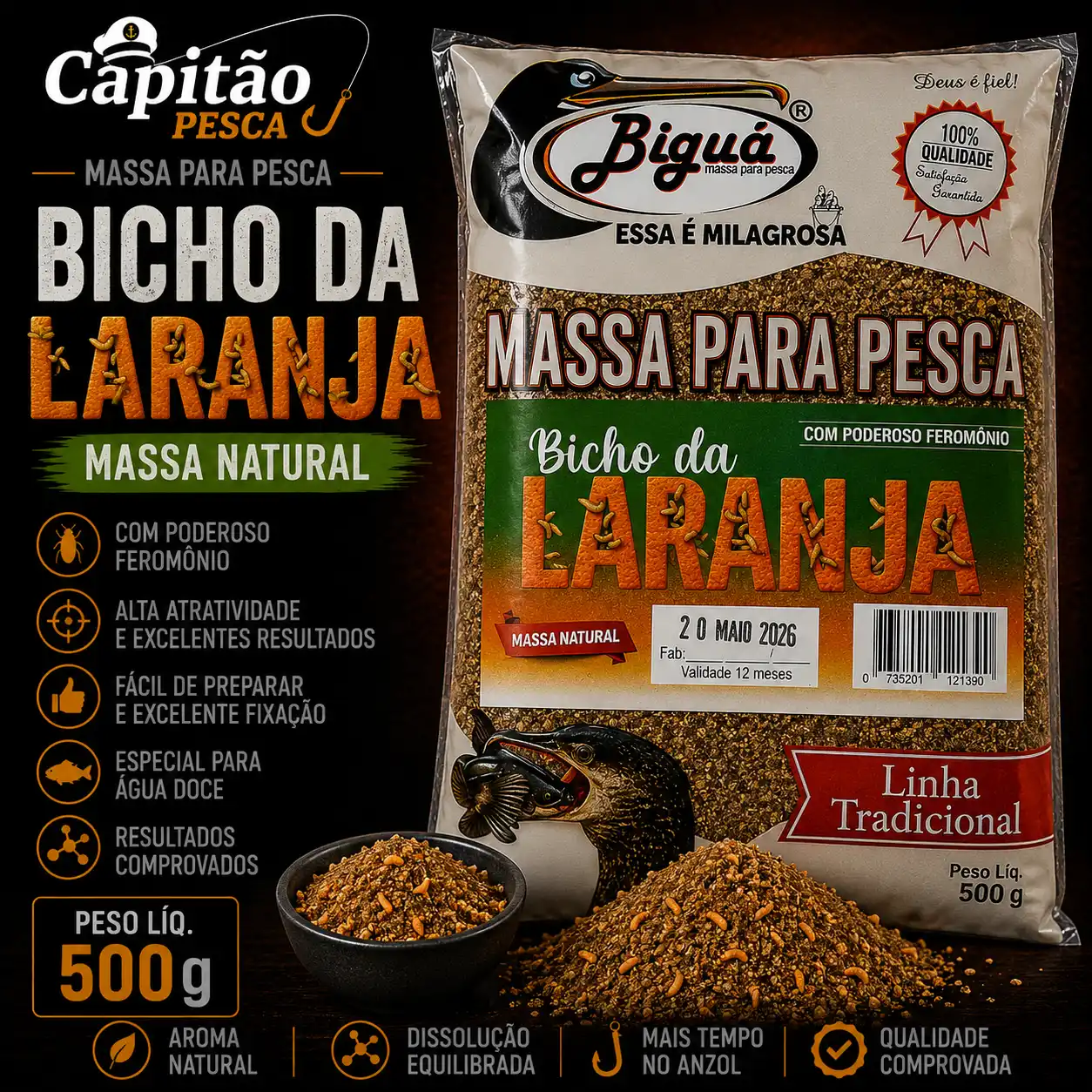 Massa para Pesca - Sabor Bicho da Laranja - Massa Natural - Biguá Tradicional - 500 gramas