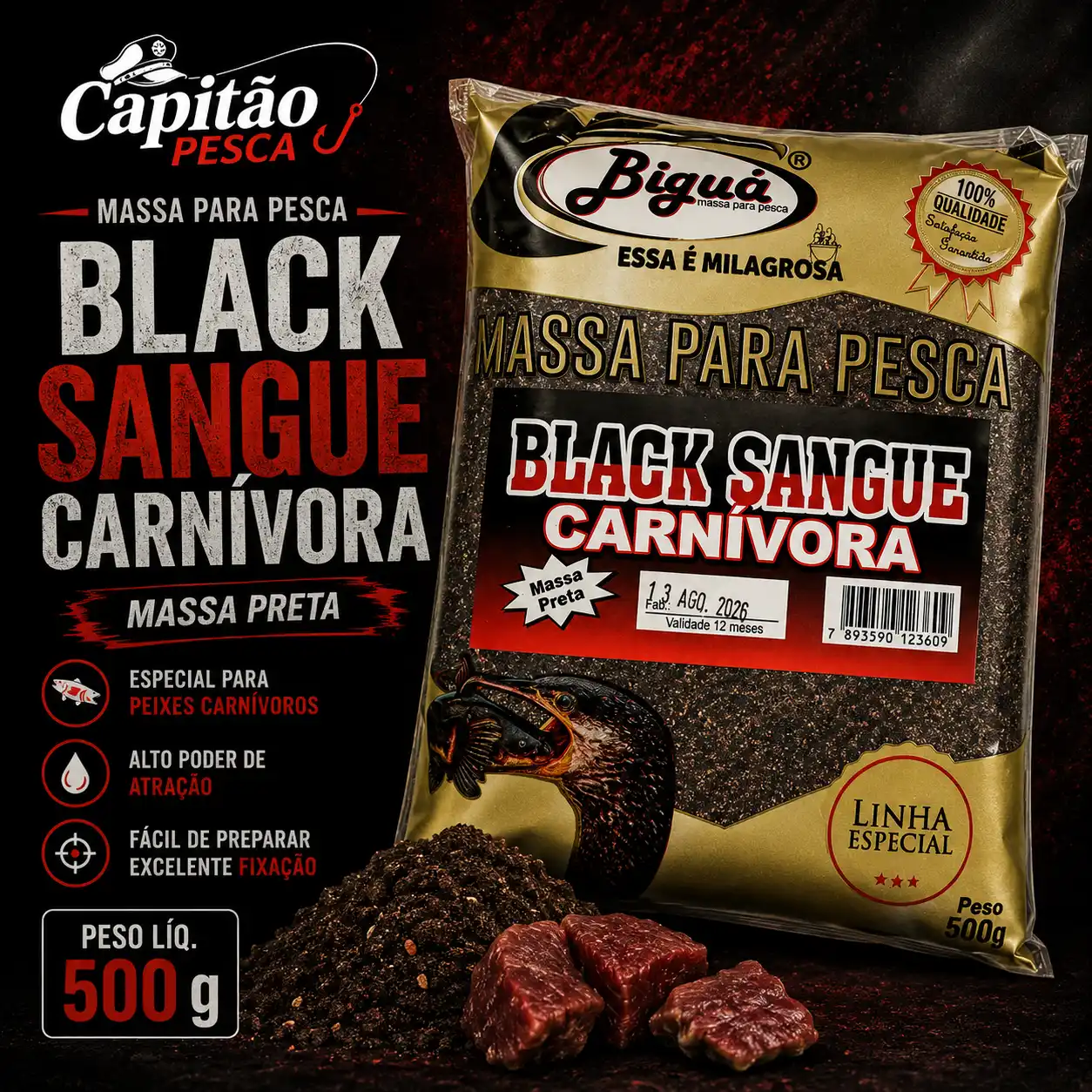 Massa para Pesca - Sabor Black Sangue Carnívora - Massa Preta - Biguá Especial - 500 gramas