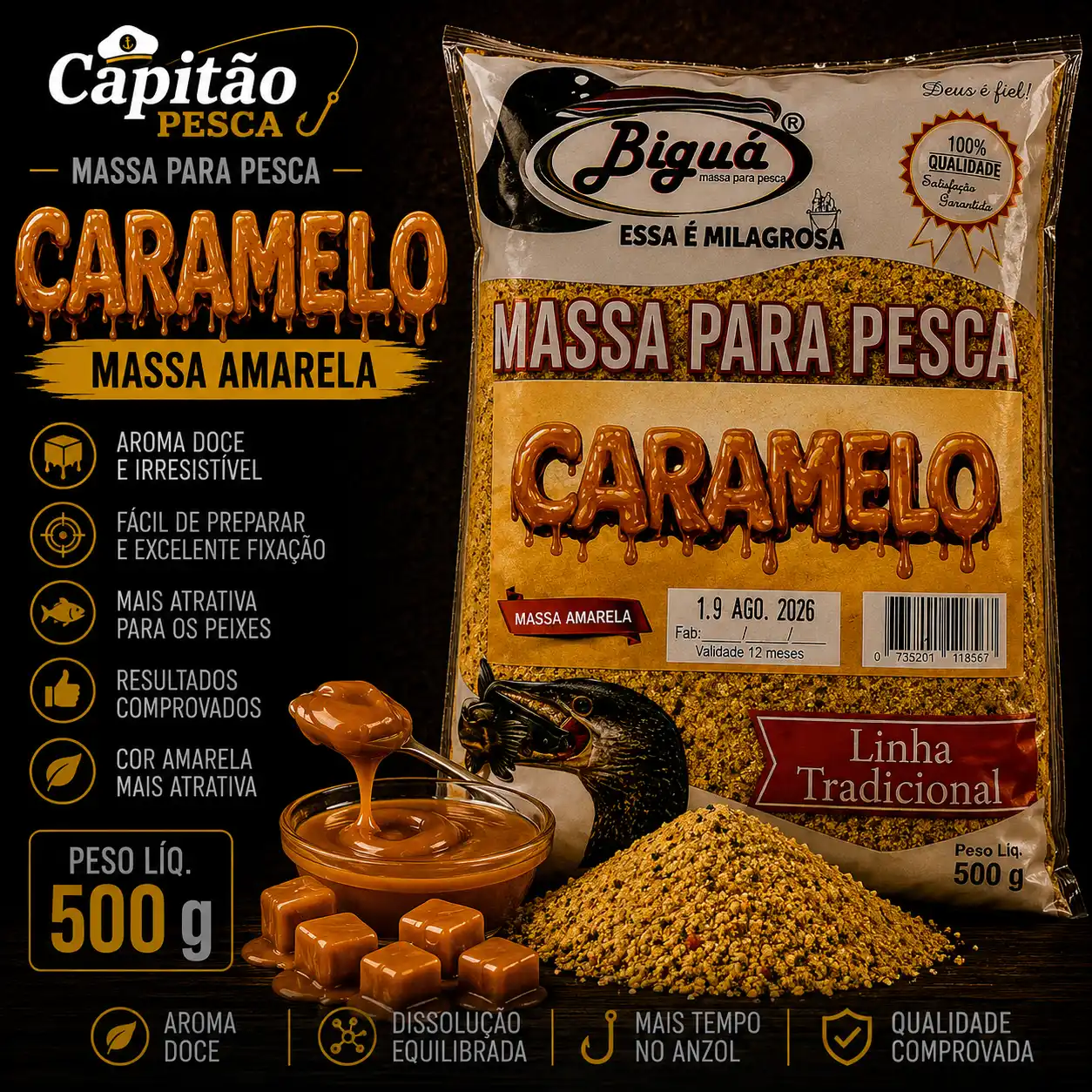 Massa para Pesca - Sabor Caramelo - Massa Amarela - Biguá Tradicional - 500 gramas