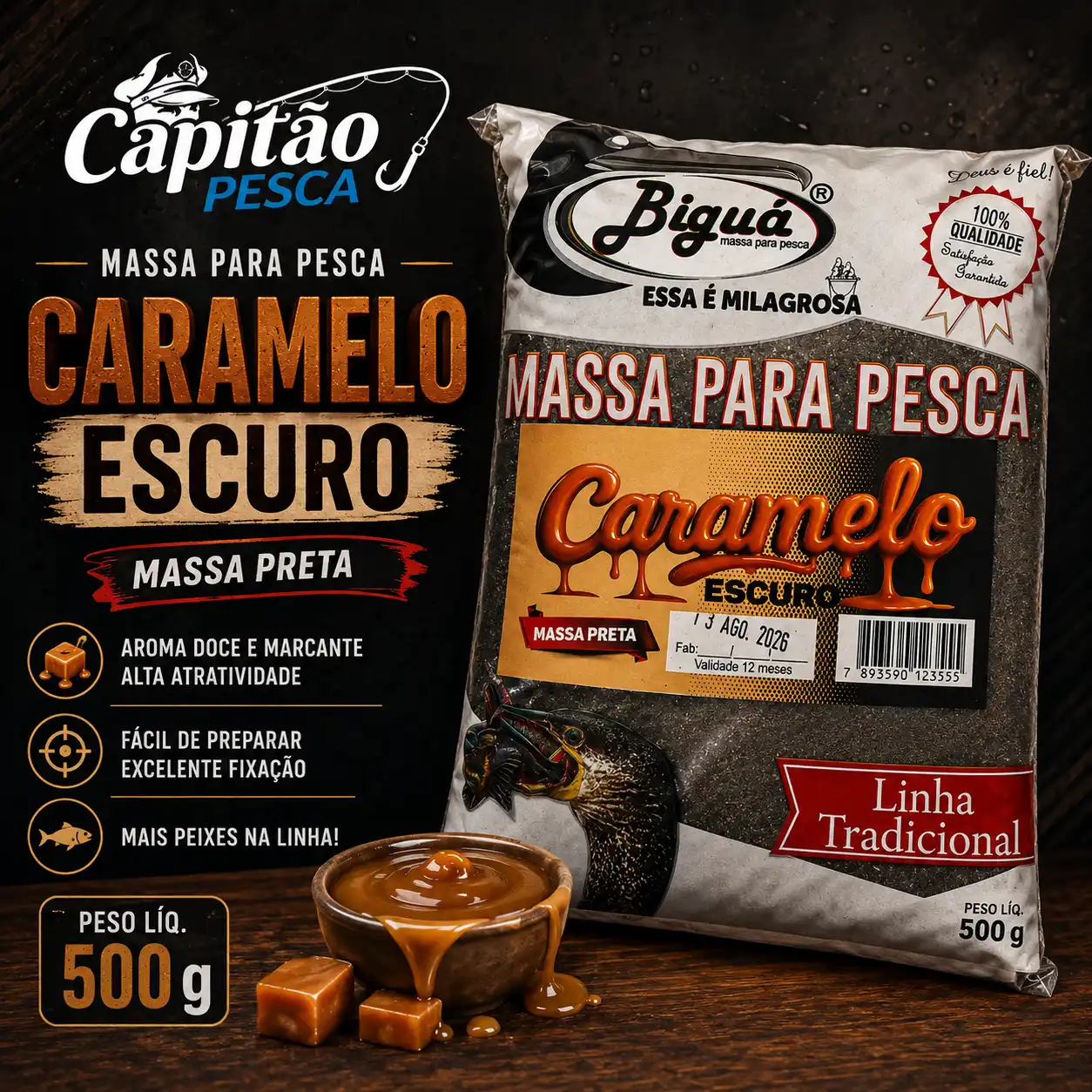 Massa para Pesca - Caramelo - Massa Preta - Biguá Tradicional - 500 gramas