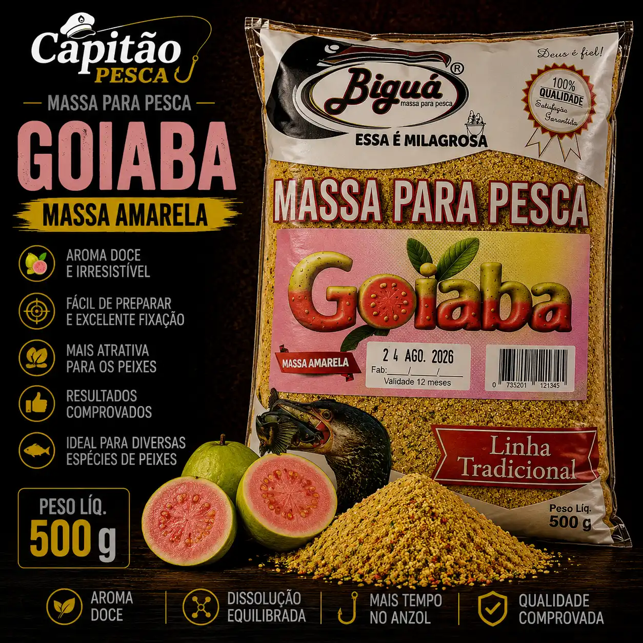 Massa para Pesca - Sabor Goiaba - Massa Amarela - Biguá Tradicional - 500 gramas
