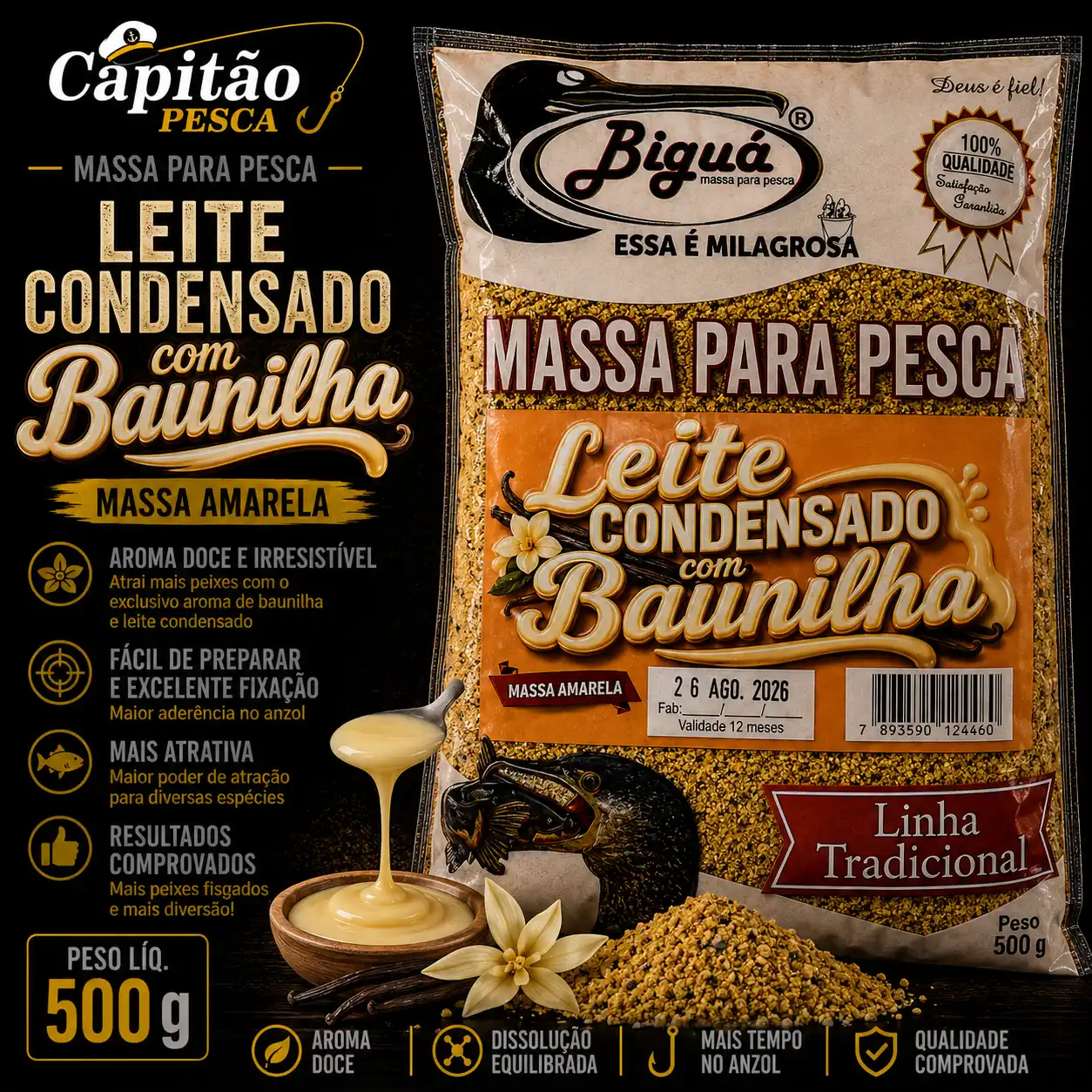 Massa para Pesca - Sabor Leite Condensado e Baunilha - Massa Amarela - Biguá Tradicional - 500 gramas