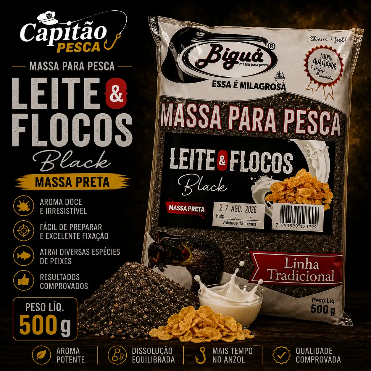Massa para Pesca - Leite e Flocos - Massa Preta - Biguá Tradicional - 500 gramas