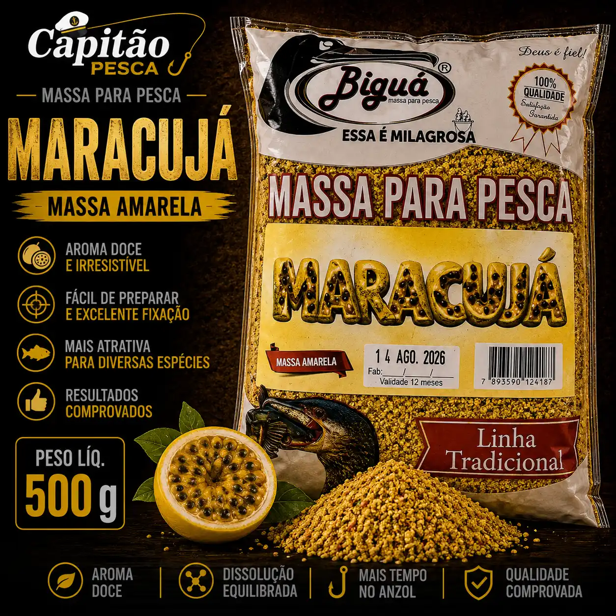 Massa para Pesca - Sabor Maracujá - Massa Amarela - Biguá Tradicional - 500 gramas