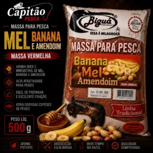 Massa para Pesca - Sabor Banana, Mel e Amendoím - Massa Vermelha - Biguá Tradicional - 500 gramas