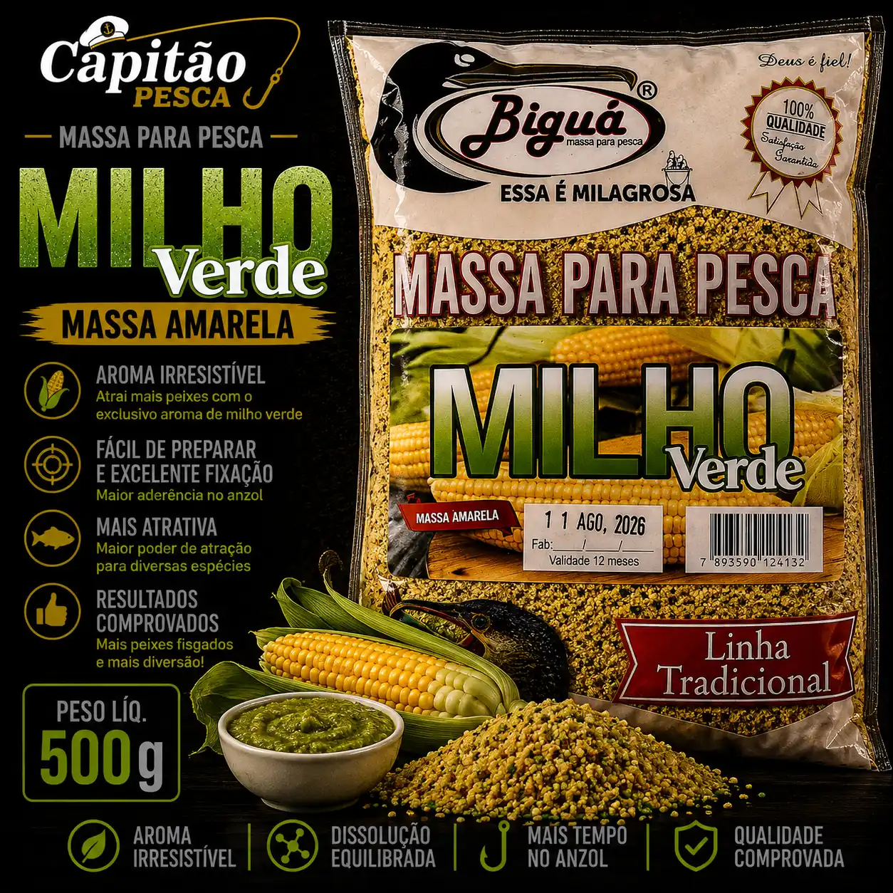 Massa para Pesca - Sabor Milho Verde - Massa Amarela - Biguá Tradicional - 500 gramas