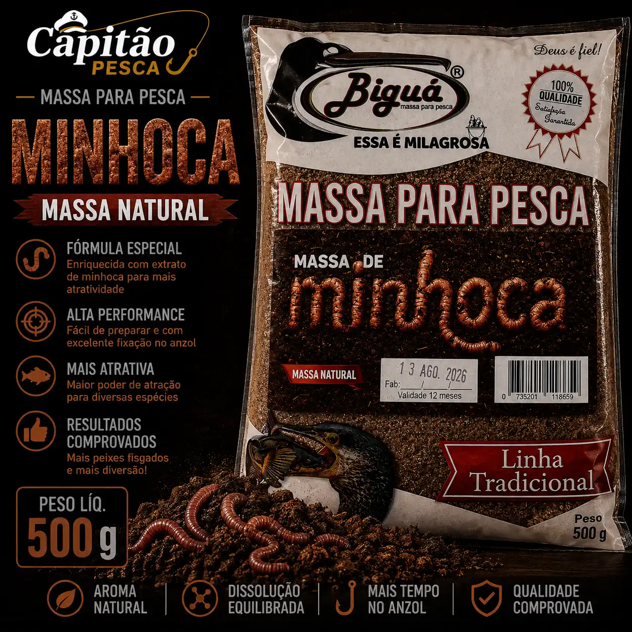 Massa para Pesca - Sabor Minhoca - Massa Natural - Biguá Tradicional - 500 gramas