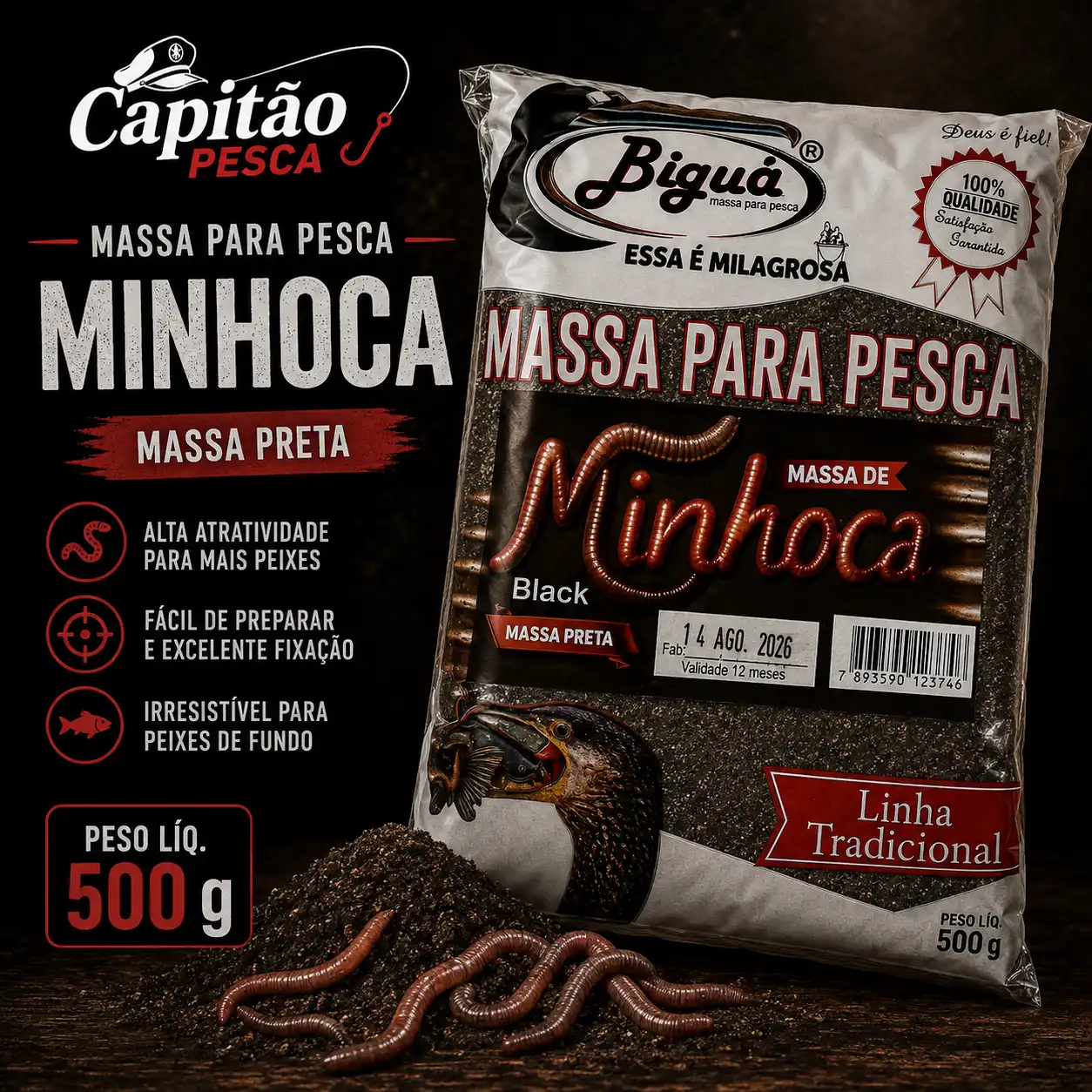 Massa para Pesca - Minhoca - Massa Preta - Biguá Tradicional - 500 gramas