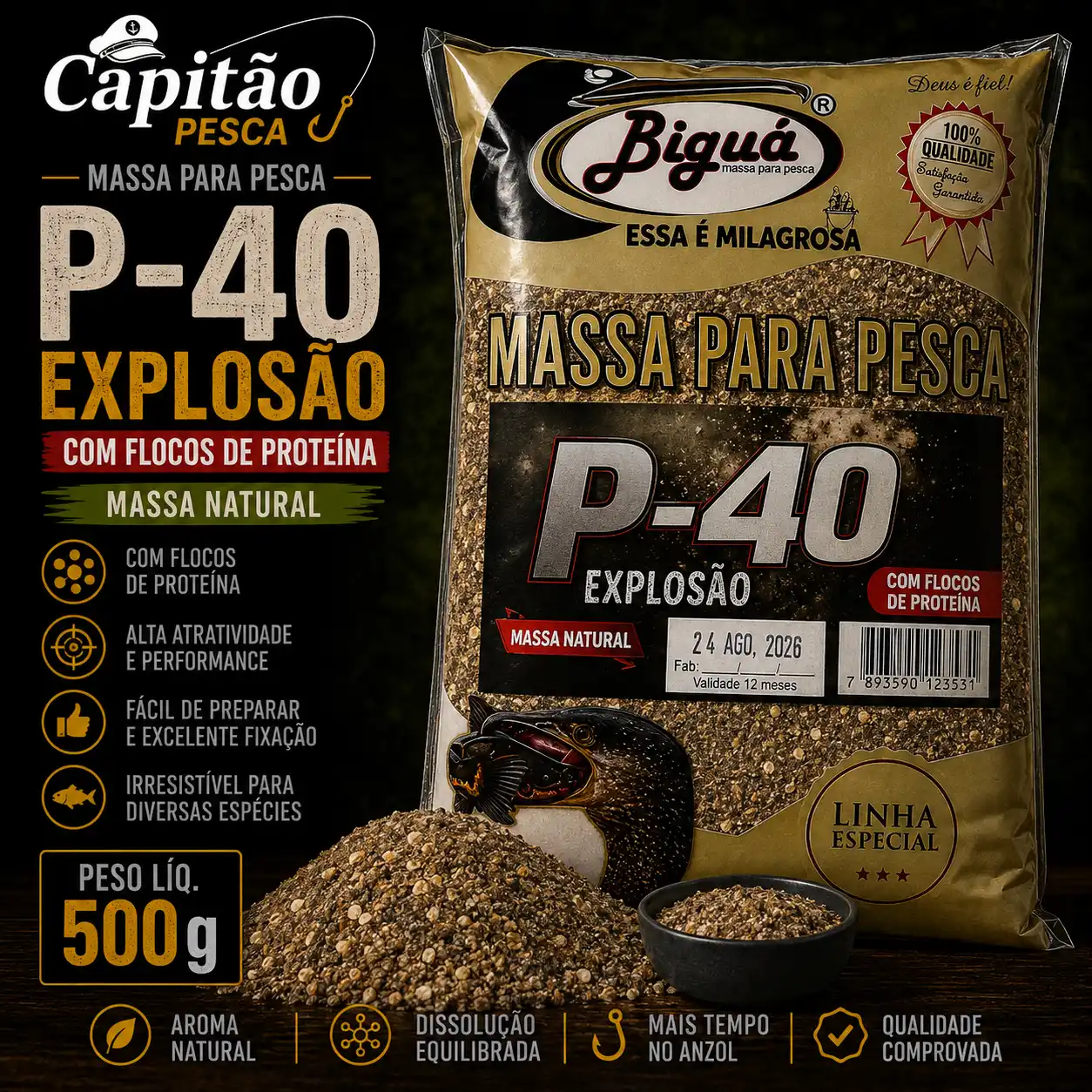 Massa para Pesca - Sabor P-40 Explosão - Massa Natural - Biguá Especial - 500 gramas