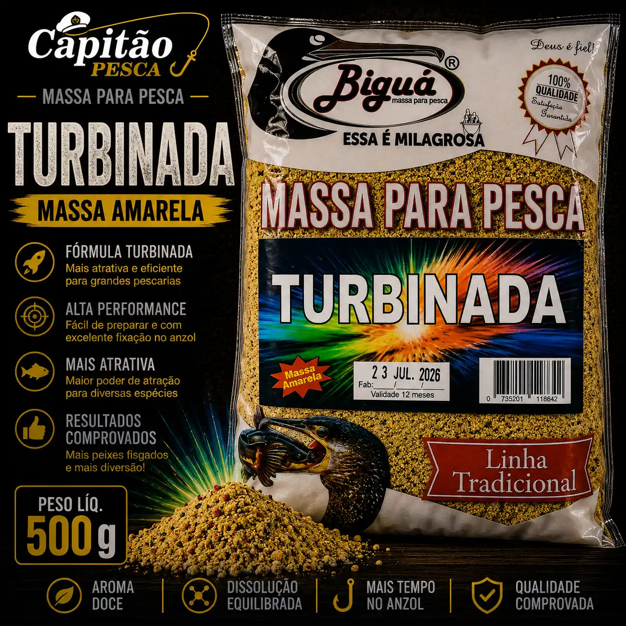 Massa para Pesca - Sabor Turbinada - Massa Amarela - Biguá Tradicional - 500 gramas