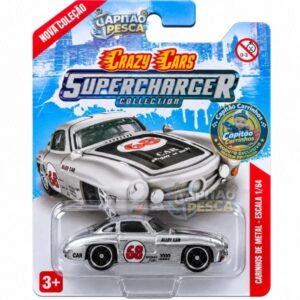 Carro Clássico Prata Estilo Mercedes-Benz 300 SL Gullwing Nº 68 Alloy Car – Miniatura Escala 1:64 – Crazy Cars Supercharger Collection