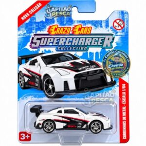 Carro Esportivo Branco Estilo Nissan GT-R R35 Nº 66 Sports Car – Miniatura Escala 1:64 – Crazy Cars Supercharger Collection