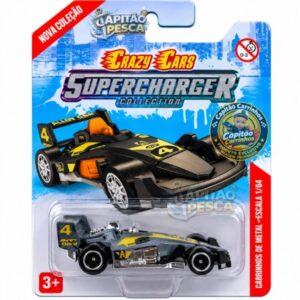 Carro Fórmula de Corrida Cinza e Amarelo Nº 4 Burny – Miniatura Escala 1:64 – Crazy Cars Supercharger Collection
