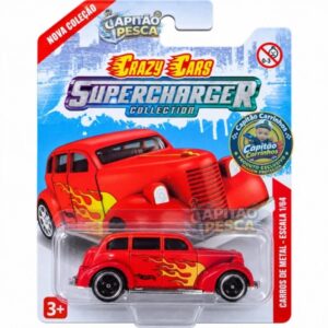 Carro Sedã Hot Rod Vermelho Estilo Chevrolet Master Deluxe 1937 com Chamas – Miniatura Escala 1:64 – Crazy Cars Supercharger Collection